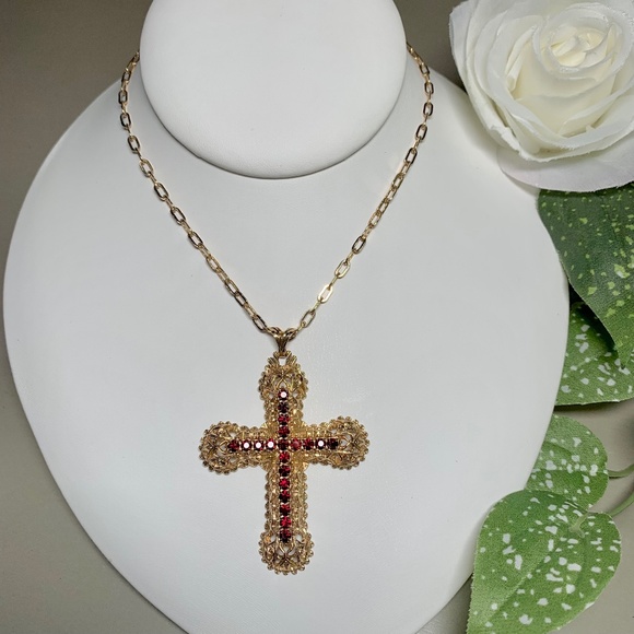 Sarah Coventry Jewelry - Vintage Limited Edition Sarah Coventry Filigree Deep Red Rhinestone Cross
